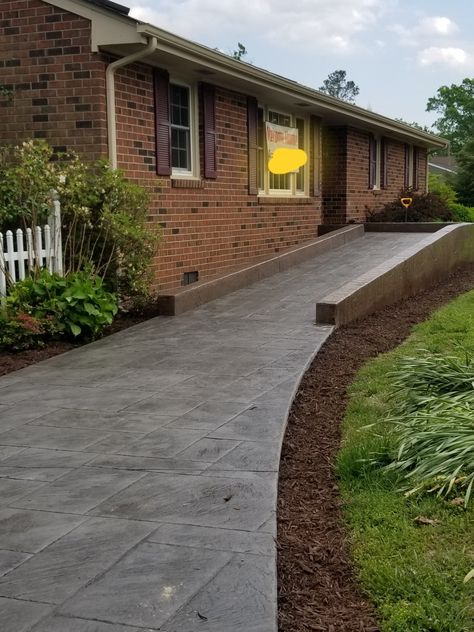 Stamped concrete ramp. Outdoor Ramp Ideas, Concrete Wheelchair Ramps For Home, Concrete Ramp Walkway, Ramp Design For House, Wheelchair Garden, Disabled Ramps, Driveway Stairs, Porch With Ramp, Ramp Ideas