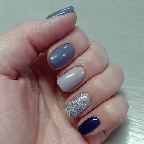 Navy Gray Nails, Blue And Gray Nails, Blue And Grey Nails, Nails With Silver Glitter, White Nail Ideas, Nails With Silver, Gray Nail, Blue And White Nails, Nails Health