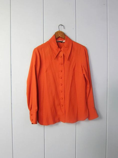 Orange Button Up, Retro Orange Collared Shirt, Orange Dress Shirt, Casual Orange Button-up Blouse, Vintage Orange Button-up Tops, Orange Button-up Top With Pockets, Orange Button-up Shirt With Pockets, Pointy Collar, Shirt Drawing