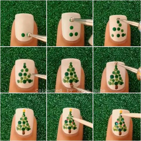 Diy Winter Nail Art, Diy Christmas Nails Easy, Easy Christmas Nails, Easy Christmas Nail Art, Diy Christmas Nail Art, Christmas Tree Nail Art, Nail Art Noel, Christmas Nails Diy, Tree Nail Art