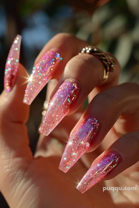 Colorful Coffin Nail Ideas, Pink Opal Nails, Y2k Nail Designs, Libra Nails, Yellow Tips, Y2k Nail, Acrylic Nail Designs Coffin, Pink Glitter Nails, Edge Nails