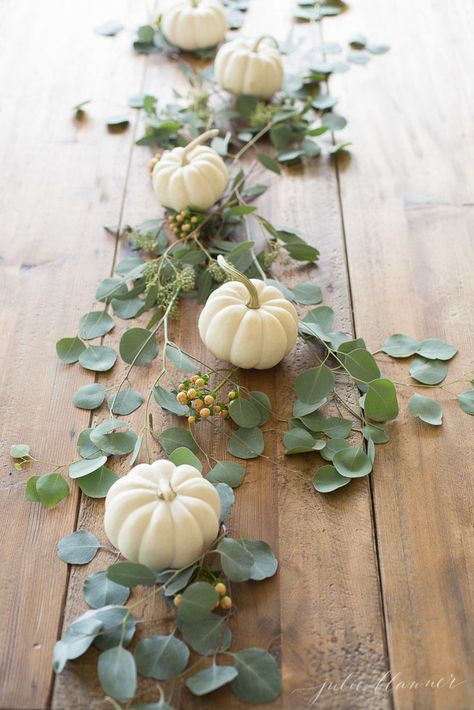 Centerpiece Tutorial, Table Runner Thanksgiving, White Pumpkin Centerpieces, Pumpkin Tablescape, White Pumpkin Decor, Pumpkin Table Runner, Thanksgiving Table Decor, Pumpkin Wedding, Thanksgiving Table Settings