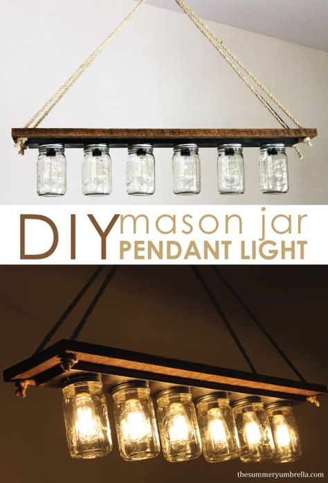 Are you looking for an interesting and unique DIY hanging ceiling light fixture for your kitchen or dining room? Maybe even with a rustic farmhouse and eclectic twist? Then I definitely think you'll love this easy mason jar pendant light! #lightfixtures #farmhouse #thesummeryumbrella Schnee Party, Mason Jar Pendant Light, Diy Mason Jar Lights, Diy Luminaire, Jar Chandelier, Mason Jar Chandelier, Diy Pendant Light, Diy Mason Jar, Mason Jar Projects