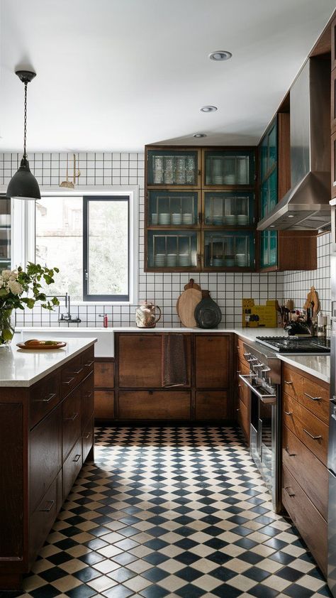 Bold, eclectic kitchen decor for a stylish, modern space. Diane Keaton Kitchen, West Coast Kitchen Design, Tiled Walls Kitchen, French Eclectic Kitchen, Boho Cottagecore Kitchen, Earthy Home Kitchen, Tudor Revival Kitchen, 60s Ranch Kitchen Remodel, 90s Kitchen Makeover