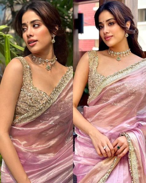 Jhanvi Kapoor Pink Saree, Pink Lehenga For Bridesmaid, Jahnavi Kapoor Tissue Sarees, Peach Saree Makeup Look, Saree With Jewellery Ideas, Sangeet Dress Ideas For Sisters, Pink Saree With Contrast Blouse, Sky Blue Net Saree, Dreamy Saree