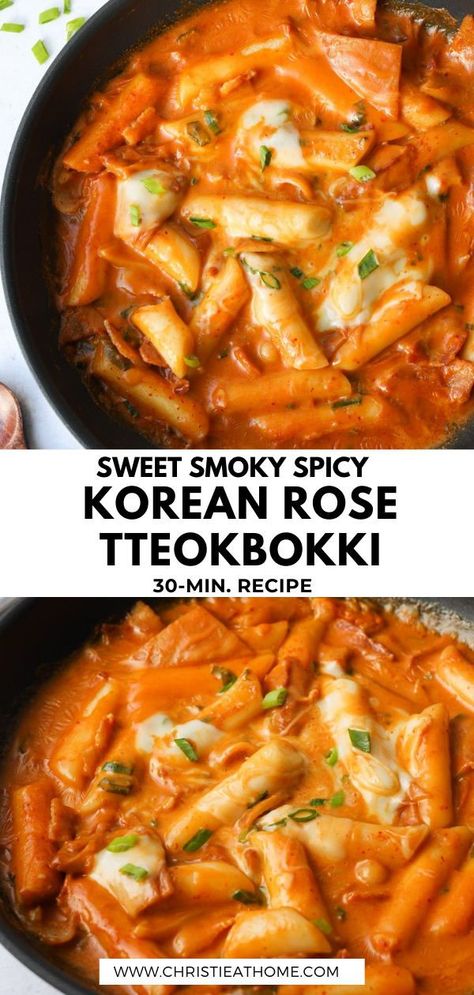 Rose Tteokbokki. Chewy bouncy rice cakes simmered in a delicious smoky spicy sweet cream sauce with bacon, fish cakes and cheese! A milder version of your usual Spicy Tteokbokki thanks to the cream sauce. Ready in just 30 minutes! Great as a meal or heavy snack. Recipe link: https://christieathome.com/blog/rose-tteokbokki/ #korean tteokbokki recipe #rose tteokbokki recipe #tteokbokki recipe easy #tteokbokki photography #korean tteokbokki aesthetic Tobokki Sauce Recipe, Taebokki Korean Food, Toppoki Recipe, Tteokbokki Sauce, Tteokbokki Recipes, Tteoboki Recipe, Tabokkie Recipe, Rice Cake Sticks Recipe, Ttbeokki Recipes