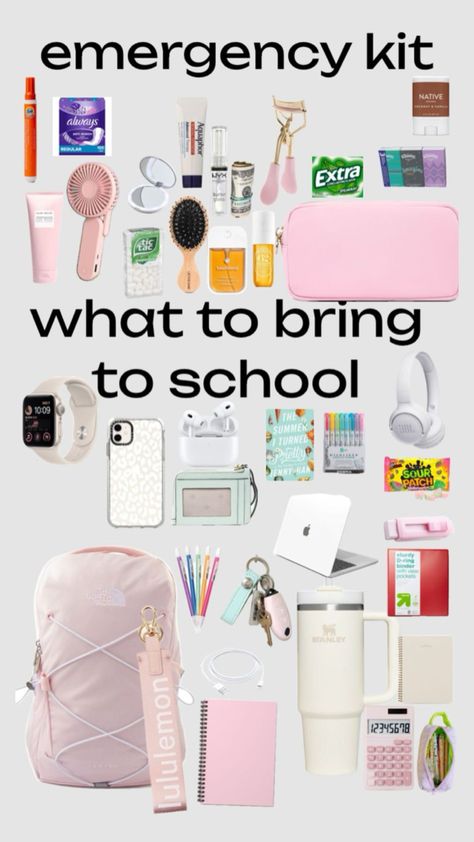 School backpack inspo What To Put In School Backpack, Things To Put In Ur Backpack, 8th Grade Backpacks, How To Organize Your Bookbag, Backpack Packing List School, Organizing Backpack For School, Backpack Emergency Kit For School, School Gym Bag Essentials, Stuff To Keep In Your Backpack