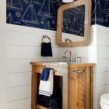 Bathrooms Ralph Lauren Style Design Ideas Kid Friendly Bathroom, Shiplap Trim, Nautical Bathroom, Nautical Bathroom Decor, Cottage Bathroom, Nautical Bathrooms, White Shiplap, Ralph Lauren Style, Bathroom Wall Decor