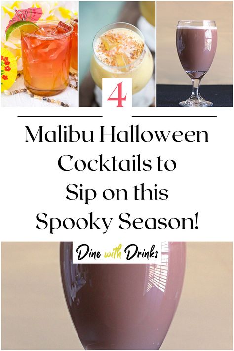 Collage of 4 malibu halloween cocktails. Halloween Cocktails With Malibu, Halloween Drinks With Malibu, Malibu Halloween Drinks, Malibu Rum Halloween Drinks, Cocktail Recipes Malibu, Halloween Party Drinks Alcohol, Malibu Recipes, Easy Halloween Cocktails, Halloween Alcohol