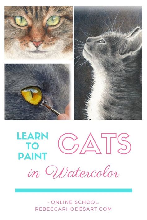 Watercolor Cat Painting Tutorial, Watercolor Cat Tutorial, Cat Watercolor Paintings, Watercolour Lessons, Watercolour Cats, Watercolor Animal Paintings, Watercolour Cat, Watercolor Animal Art, Cats Watercolor