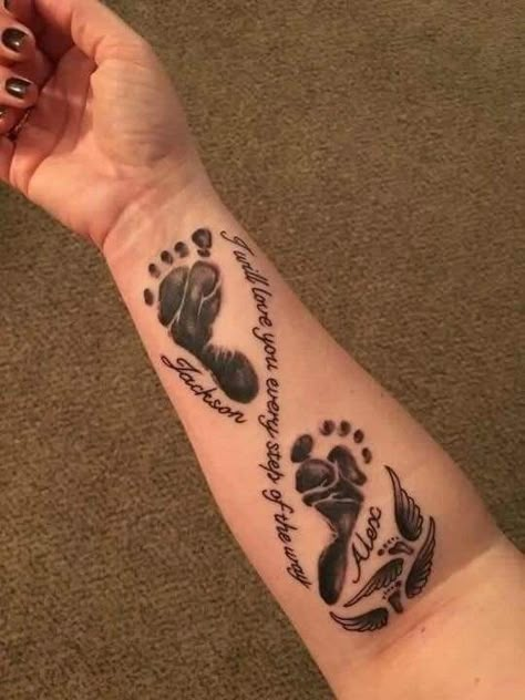 My Sons Tattoo Ideas, Kids Footprint Tattoo, Baby Hand And Foot Print Tattoo, Baby Handprint Tattoo Ideas, Footprint Tattoo Ideas Mom, Baby Feet Tattoos For Moms, Baby Name Tattoos For Dads, Tattoo Ideas For Moms With Sons Unique, Baby Footprint Tattoo Ideas For Mom