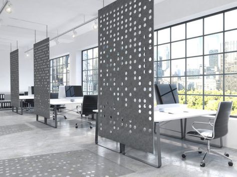 The Ezo-board can make for a divider, privacy screen, noise absorption, and design additive. Open Office Design, Office Dividers, Industrial Office Design, Open Space Office, Cool Office Space, Modern Office Space, Office Interior Design Modern, Modern Office Interiors, Corporate Office Design