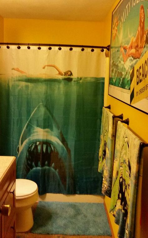 Jaws Themed Bathroom, Jaws Bathroom Theme, Jaws Bathroom, Jaws Decor, Shark Bathroom Decor, Shark Bathroom, Sea Bathroom, Nautical Interior, Shark Decor