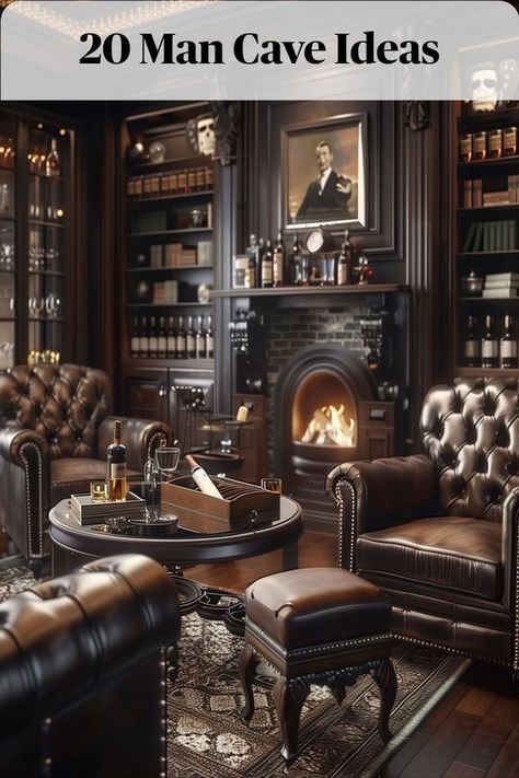 Transform your man cave into a sophisticated retreat where you can unwind, indulge, and savor the finer things in life with a whiskey and cigar-themed sanctuary Classy Man Cave Office, Cabin Playroom, Whiskey Lounge Home, Moody Basement Ideas, Moody Man Cave, Adult Game Room, Speakeasy Room, Hunting Room Ideas Man Caves, Moody Men