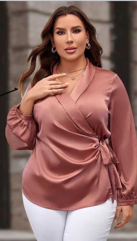 Wrap Top Outfit Classy, Wrap Top Outfit, Top Designs For Women, Satin Wrap Blouse, Cotton Tops Designs, Fashion Work Outfit, Classy Blouses, Evening Blouses, 2piece Outfits