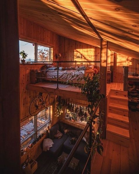 Instagram • Direct Small House Videos, Cabin Aesthetic, Off Grid Cabin, Tiny House Inspiration, Cabin Living, Attic Bedroom, Tiny House Interior, Tiny House Cabin, Small Cabin