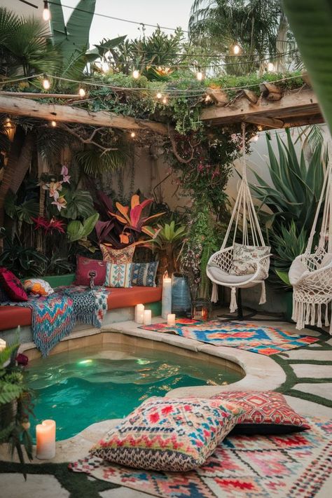 Cozy outdoor seating area with a small pool, colorful pillows, and lush greenery, illuminated by string lights Poolside Seating Ideas, Airbnb Pool Ideas, Verandah Ideas, Oasis Garden, Pool Inspiration, Vibrant Decor, Retreat Ideas, Courtyard Gardens Design, Florida Homes