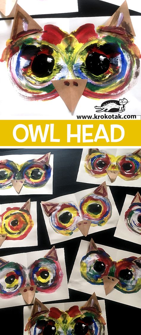 krokotak | owl Owl Head, 2nd Grade Art, Fall Art Projects, Owl Crafts, Elementary Art Projects, Homeschool Art, Kindergarten Art, School Art Projects, Art Lessons Elementary