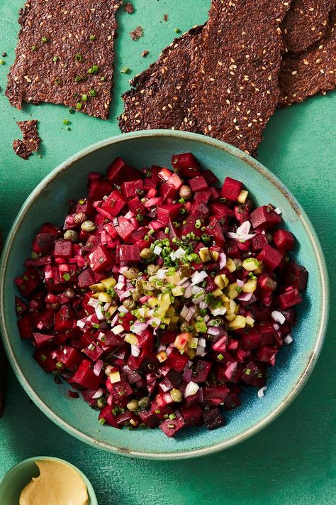 Learn how to make a vegan beet tartare with beetroot leaf crisps with this delicious recipe from Woolworths Fresh Ideas magazine. Try it today. Beet Tartare, Crisps Recipe, Mustard Pickles, Vegan Baby, Red Onion Relish, Onion Relish, Pickled Red Onions, Crisp Recipe, Buying Groceries