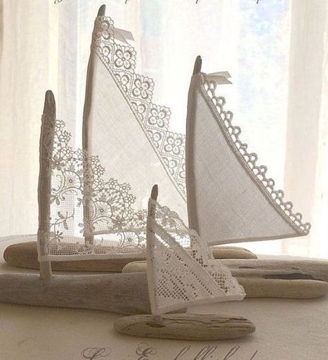 Beach | Coastal Decor : driftwood sailboats with lace sails Tre Kunst, Deco Marine, Driftwood Beach, Cottage Wedding, Deco Nature, Salt Air, Driftwood Crafts, Vintage Nautical, Beach Crafts