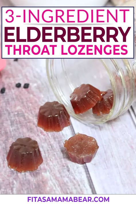 Ease a sore throat and prevent a cough with these homemade throat lozenges! These DIY cough drops are made with elderberries and honey to help soothe and reduce cough and cold symptoms (similar to these honey and lemon homemade cough drops). Don't buy cough drops, make your own! They're easy to whip up and great to have on hand during cold season! | @fitasamamabear #diycoughdrops #homemadecoughdrops #naturalremedies Diy Cough Drops, Cough Drops Homemade, Honey For Sore Throat, Elderberry Honey, Throat Lozenges, Best Cough Remedy, Baby Cough Remedies, Homemade Elderberry, Homemade Cough Remedies