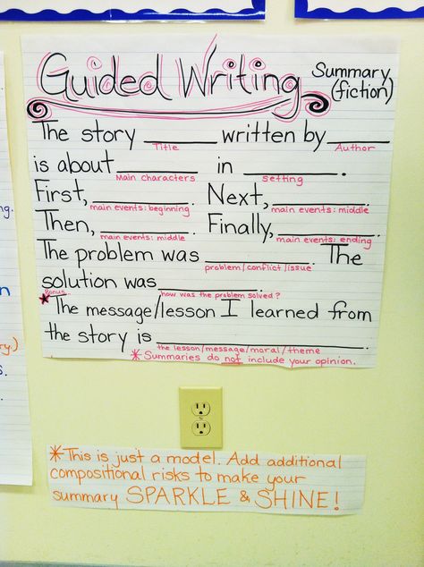 Guided Writing for Summaries (Fiction) Anchor Chart Writing Goals Anchor Chart, Summary Writing Example, Writing Strategies For Elementary, Guided Writing Second Grade, Racer Anchor Chart, Summary Anchor Chart, Summarizing Anchor Chart, Ela Anchor Charts, Third Grade Writing