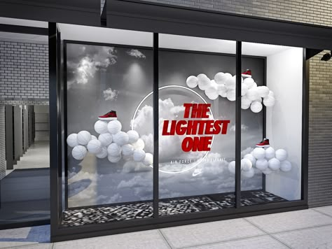 Nike Display Design, Cloud Window Display, Shoe Display Retail, Shoe Window Display, Nike Window Display, Cloud Display, Nike Display, Window Ads, Asymmetrical Balance