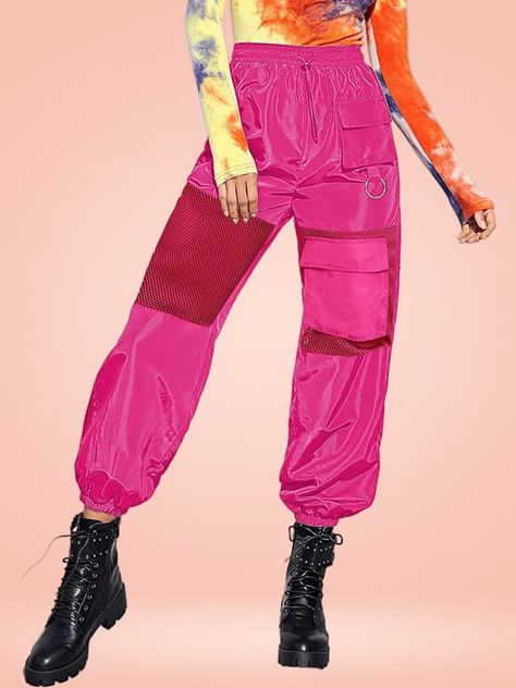 Elevate your look with our Hot Pink Mesh-Paneled Cargo Pants. Featuring an elastic drawstring closure and pockets in a windbreaker style, they’re the blend of sporty and chic. Ideal for shopping, school, parties, and punk events. Consider sizing up for a looser fit. Hot Pink Mesh-Paneled Cargo Pants on GlowInTheDarkStore.com Led Jacket, Rave Outfits Festivals, High Waisted Cargo Pants, Rave Style, Leather Bra, Orange Swimsuit, Light Up Shoes, Rave Wear, Jacket Pattern