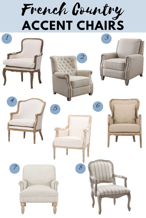 Pretty Accent Chairs, French Chairs Living Room, French Country Recliners, Farmhouse Accent Chair Master Bedrooms, French Country Accent Chair, French Country Apartment Decor, French Country Living Room Sofas, French Country Sitting Room, Country Accent Chairs