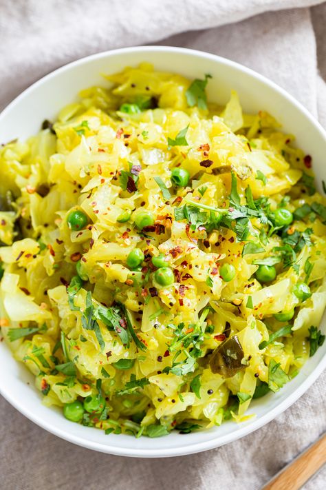 Instant Pot Indian Cabbage and Peas! Patta gobi subzi. This Cabbage Curry is made in a pressure cooker. #Vegan #Glutenfree #Soyfree #Nutfree #Cabbagepeas #recipe #instantpot Braised Cabbage Recipe. Cabbage And Peas, Instapot Vegan, Vegan Cabbage Recipes, Firehouse Recipes, Indian Cabbage, Veggie Korma, Vegetarian Feast, Instant Pot Indian, Vegetarian Quesadillas