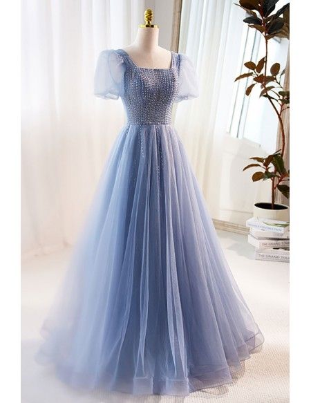 Modest Square Neck Sequined Blue Tulle Prom Dress Short Sleeved Cute Grad Dresses, Dresses Inspired By Disney Princesses, Yule Ball Dress Ideas, Cute Fancy Dresses, Prom Dance Dresses, Bridal Maid Dress, Tulle Prom Dress Short, Senior Dress, Get Ready For Prom