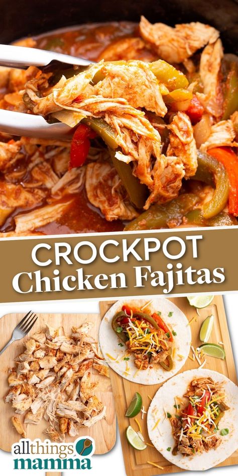 close up image of Crockpot Chicken Fajitas. shredded chicken on a wooden board and on tortillas with fajita veggies Fajitas Seasoning, Slow Cooker Fajitas, Homemade Fajitas, Crockpot Fajitas, Chicken Fajitas Recipe, Slow Cooker Chicken Fajitas, Chicken Fajitas Crockpot, Crockpot Slow Cooker, Fajitas Recipe