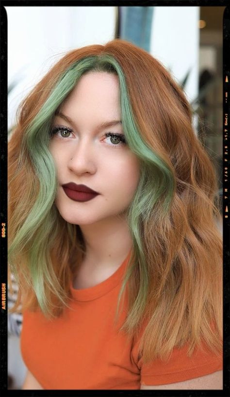 Green Face-Framing Highlights Green Face Frame Hair, Emerald And Blonde Hair, Mint Green Money Piece Hair, Red And Green Peekaboo Hair, Emerald Green Money Piece Hair, Ginger Hair With Green Highlights, Copper And Green Hair, Money Piece Hair Blue, Black Hair Green Highlights