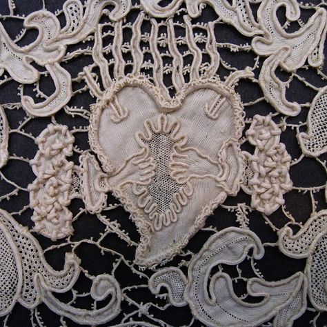 @amelia.peck on Instagram: “Close-up detail of a piece of 17th century Spanish or Italian needle lace (53.162.6). The heart, which is being forced open by the pair of…” Needle Lace, 17th Century, Crochet Lace, Textile Art, Fiber Art, White Lace, Art Inspo, Tatting, Needlework