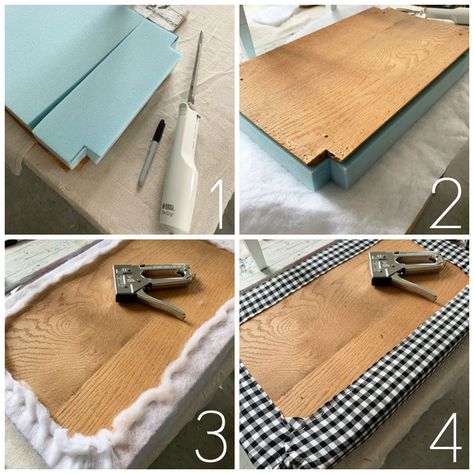 How to add new foam to a bench Reupholster Bench Cushion, How To Reapolstering Bench, How To Reupholster A Bench, Reapolstering Bench Seat, How To Upholster A Bench, Bench Refurbish, Reupholster Bench, Diy Bench Cushion, Dressing Table Bench