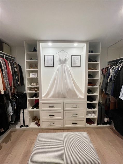 The perfect way to showcase the most special day! Preserved Wedding Dress Display, Spare Room Walk In Closet, Display Closet, Wedding Dress Display, Master Closet Design, Dressing Room Closet, Dream Closet Design, Walking Closet, Dress Display