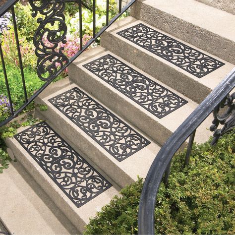 Butterfly Stair Traction Treads - Set of 4 | Collections Etc. Black Stairs, Step Treads, Carpet Stair Treads, Stair Mats, Stair Tread Rugs, Stair Tread, Outdoor Stairs, Indoor Doors, Indoor Door Mats