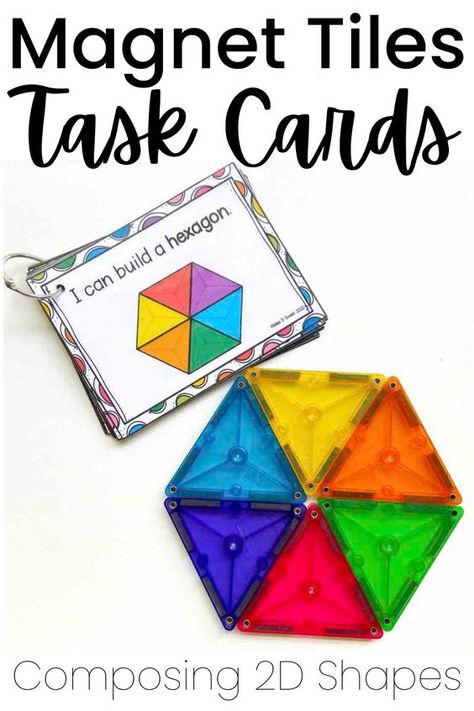 Hands-on way to practice composing 2D shapes. 32 colorful task cards will guide your learners through using shapes to make larger shapes. Your students will love using magnet tiles to build as they learn and compose shapes. A fun addition to your geometry unit, STEM bin, soft start, or math center. Shapes used are square, right triangle, isosceles triangle, equilateral triangle, & rectangle. 2 sets of cards - the 1st set is scaffolded and shows the shape already made. Easy differentiation! Triangle Prek Activities, Art Center Activities, Magnetic Shape Activities, Shape Stem Activities, Sensory Activities Classroom, Magnet Tile Activities, Easy Small Group Activities Preschool, Kid Art Activities, Magnet Tiles Building Ideas