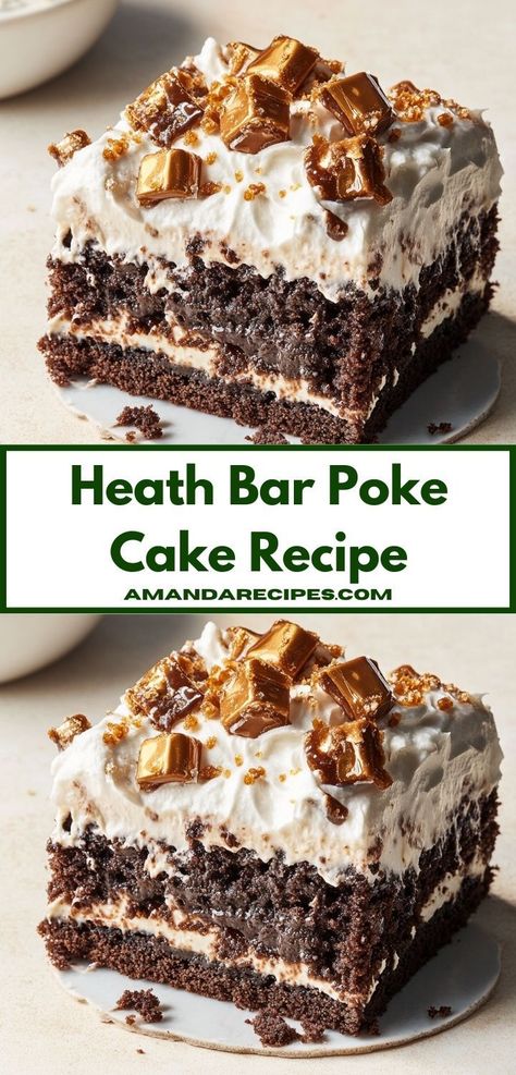 Need a quick and delicious treat? This Heath Bar Poke Cake Recipe is incredibly simple to prepare. With layers of moist cake and creamy toppings, it’s an ideal dessert for any occasion. Heath Poke Cake Recipes, Heath Poke Cake, Heath Bar Poke Cake, Heath Bar Cake Recipe, Heath Bar Dessert, Chocolate Holiday Desserts, Heath Cake, Heath Bar Cake, Cake With Layers