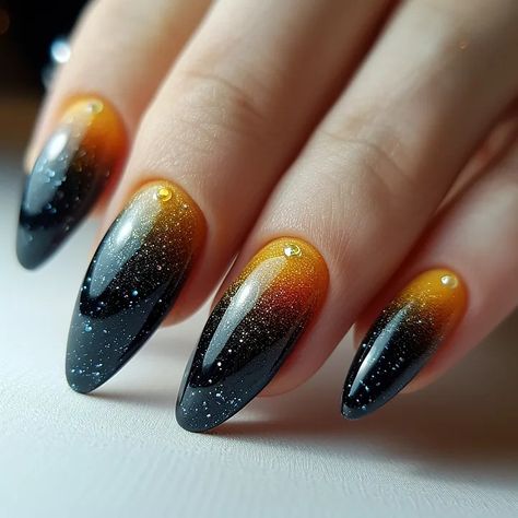 Black Ombre Nails: Go with 2024 Trends ⚫✨ | by Nailkicks | Medium Black Orange Ombre Nails, October Ombre Nails, Black November Nails, Balayage Nails Ombre, Orange And Black Ombre Nails, Sparkly Halloween Nails, Dark Ombre Nails, Almond Halloween Nails, Orange And Black Nails