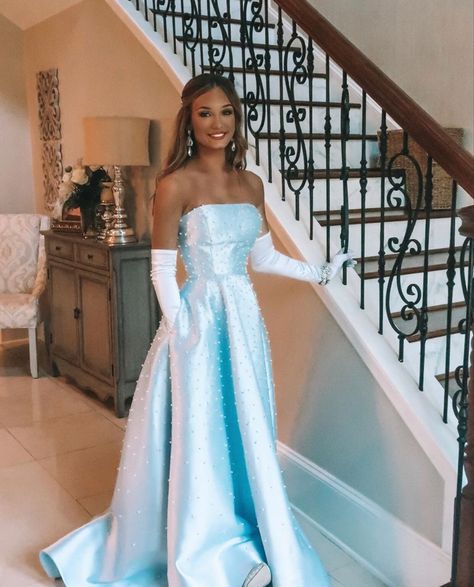 Big Prom Dresses Cinderella, Cinderella Hoco Dress, Baby Blue Strapless Dress, Cinderella Formal Dress, Cinderella Prom Look, Tiana's Blue Dress, Prom Dresses 2023 Light Blue, Poofy Prom Dresses Long, Princess Tiana Prom Dress Blue