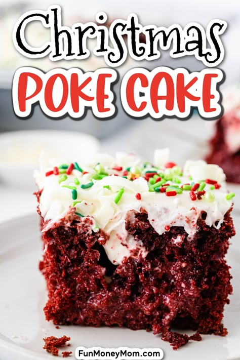 This Christmas Poke Cake is a fun and festive dessert that's perfect for the holiday season. Made with boxed cake mix, white chocolate and a cream cheese frosting, this delicious cake recipe will be the star of your holiday dessert table! Christmas Dump Cake Recipes, Christmas Dessert Recipes Baking Easy, Christmas Poke Cake, Christmas Desserts Cakes, Christmas Dinner Desserts, Holiday Dessert Table, Red Velvet Christmas, Holiday Desserts Christmas, Christmas Cakes Easy