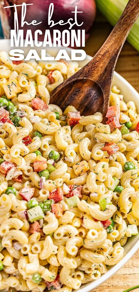 A close up overhead view of a bowl of macaroni salad with peas, celery, cheese, and more. No Mayo Macaroni Salad, Macaroni Salad For 50 People, Best Bbq Side Dishes Summer, Macaroni Salad Without Mayo, Beach Pasta Salad, Ham And Cheese Macaroni Salad, Noodle Salads For Parties, Dill Macaroni Salad, Easy Bbq Dishes