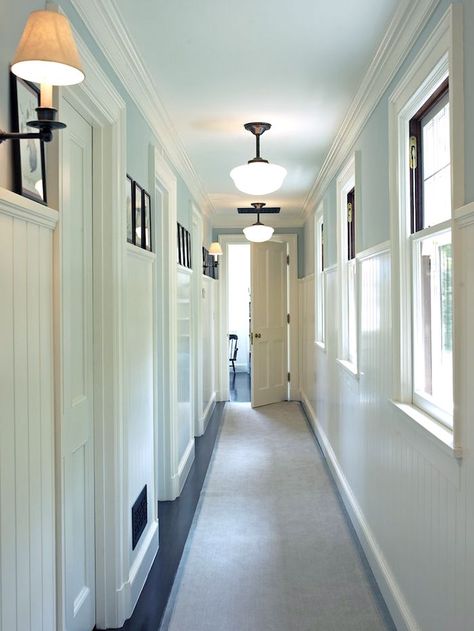 How to make a dark hallway feel bright with paint colour and the right light. Photo via Lewin Wertheimer. Article by Kylie M Interiors Decor Blog and Online Color Consultant Long Narrow Hallway, Small Foyer, Hotel Corridor, Dark Hallway, Narrow Hallway Decorating, Upstairs Hallway, Hallway Design, Long Hallway, Foyer Decorating