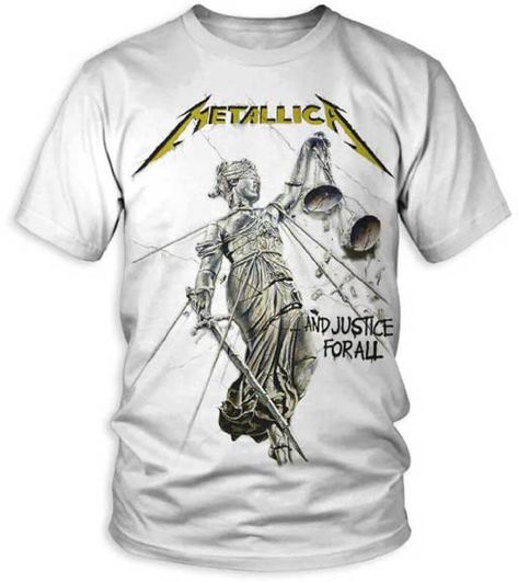 This Metallica tshirt spotlights the And Justice for All album cover artwork, Metallica's first album with bassist, Jason Newsted. And Justice for All gave Metallica their first Grammy Award and is their second-best selling release. Our men's 100% white cotton tee features the artwork seen on the front cover of the album of Lady Justice bound by ropes, with two scales tipping towards the one filled with money. #metallica #jameshetfield #larsulrich #kirkhammet Metallica Album Covers, Metallica Albums, Metallica Vintage, Metallica Tee, Metallica T Shirt, And Justice For All, White Shirt Men, I'm With The Band, Rock T Shirts