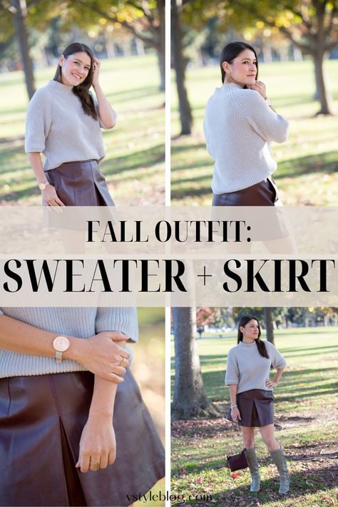 One of my favorite winter looks is a sweater tucked into a skirt, especially a leather skirt. When this post first went live in 2016, few people were rocking this look. Now, all you have to do is open Instagram to see any fashion lover you follow tucking her sweaters into a skirt come fall. And it is officially fall! So let’s make sure you have the right goods to accomplish this staple cold weather look and, of course, learn the basics on how to tuck a sweater into a skirt. Tuck A Sweater, Thick Sweaters, Tweed Skirt, A Skirt, Faux Leather Skirt, Fall Fashion Outfits, Winter Looks, Sweater And Shorts, Fashion Outfit