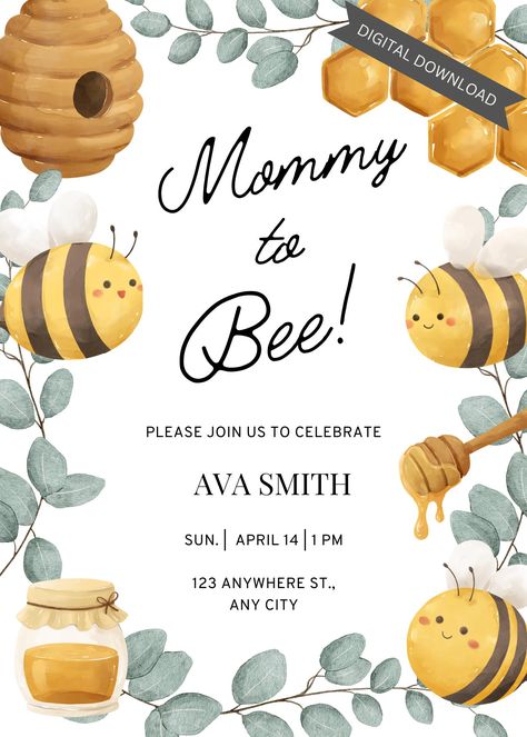 This beautiful baby shower invitation template is designed using a Mommy to Bee theme. Edit color and text to make this shower invite uniquely yours! ⭐ INSTANTLY DOWNLOAD your template after purchase and edit right from your web browser with Canva's easy-to-use editing tool! Invites are also editable through the Canva mobile app. ⭐WHAT YOU RECEIVE -You will receive a file including the template link which will give you the opportunity to edit in Canva.  -Canva requires a login to use templates b Bee Baby Shower Invitations, Bee Invitations, Sunflower Theme, Bee Baby Shower Theme, Mommy To Bee, Diy Bebe, Bee Baby, Bee Baby Shower, Invitation Baby Shower