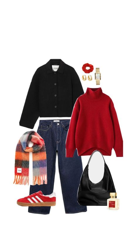 For Fall 2024, step out in style with this effortlessly chic outfit. 🧣   A red oversized sweater paired with dark wash jeans and a cropped black coat brings bold yet cozy vibes.   Add a bright scarf, red Sambas, and minimal golden jewelry for a perfect look to enjoy a cool fall day out with friends.  #FallOutfit #Trends2024 #EffortlessChic #RedOversizedSweater #BrightScarf #CroppedBlackCoat #DarkWashJeans #RedSambas #GoldenJewelry #GoingOutWithFriends #CoolFallDay #FallFashionInspo Red Sweater Fall Outfit, Red Jacket Outfit Casual, Pop Of Red Outfit, Red Jacket Outfit, Oversized Red Sweater, Bright Scarf, Effortlessly Chic Outfits, Red Scarves, Dark Wash Jeans