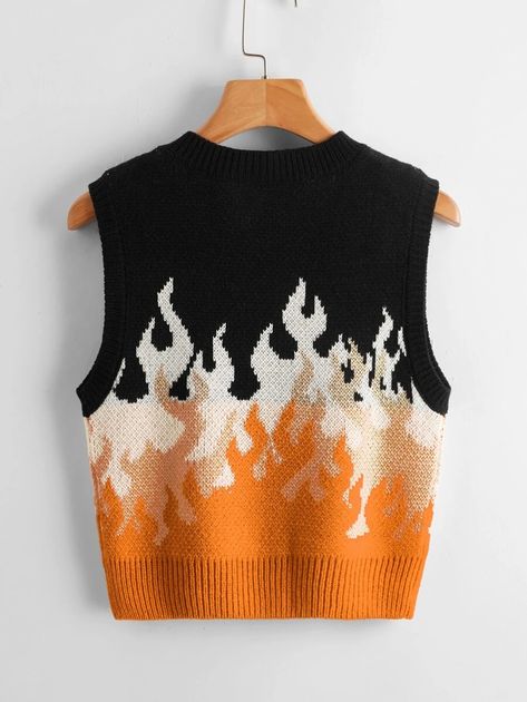 Miss Muffet Pinafore Dress Kleid von Hell Bunny  für Frauen Sweaters With Designs, Sweater Vest Ideas, Fire Sweater, 20’s Fashion, Crochet Vests, Fire Clothes, Fire Pattern, Miss Muffet, Colorblock Sweater