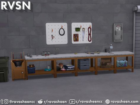 RAVASHEEN's Tool Time Garage Set Sims 4 Cc Tools Clutter, Sims 4 Storage Shelves, Ts4 Garage Cc, Storage Sims 4 Cc, Sims 4 Tools Cc, Sims 4 Garage Clutter, Sims 4 Garage Ideas, Sims 4 Cc Garage Clutter, Sims Garage